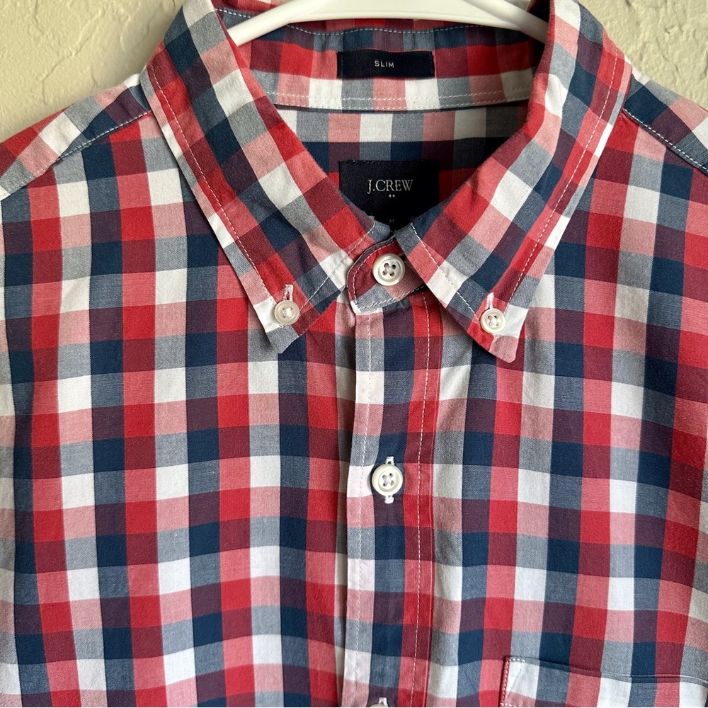 J. Crew Americana Red White Blue Plaid Mens Button Down Shirt Sz Medium Slim Fit